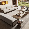 Modern Sofa and Coffee Table Set With Fireplace Large Windows and Wooden Flooring