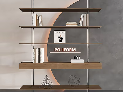 Modern Wooden Shelf Unit with Metal Frames Books Geometric Decor and POLIFORM Artwork 3d model