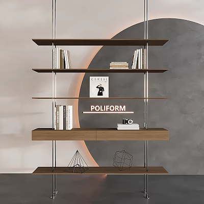 Modern Wooden Shelf Unit with Metal Frames Books Geometric Decor and POLIFORM Artwork 3d model