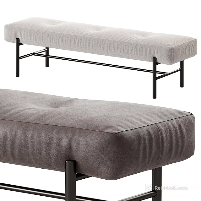 Modern Upholstered Bench Design With Gray Padded Seat And Black Metal Legs 3d model 
