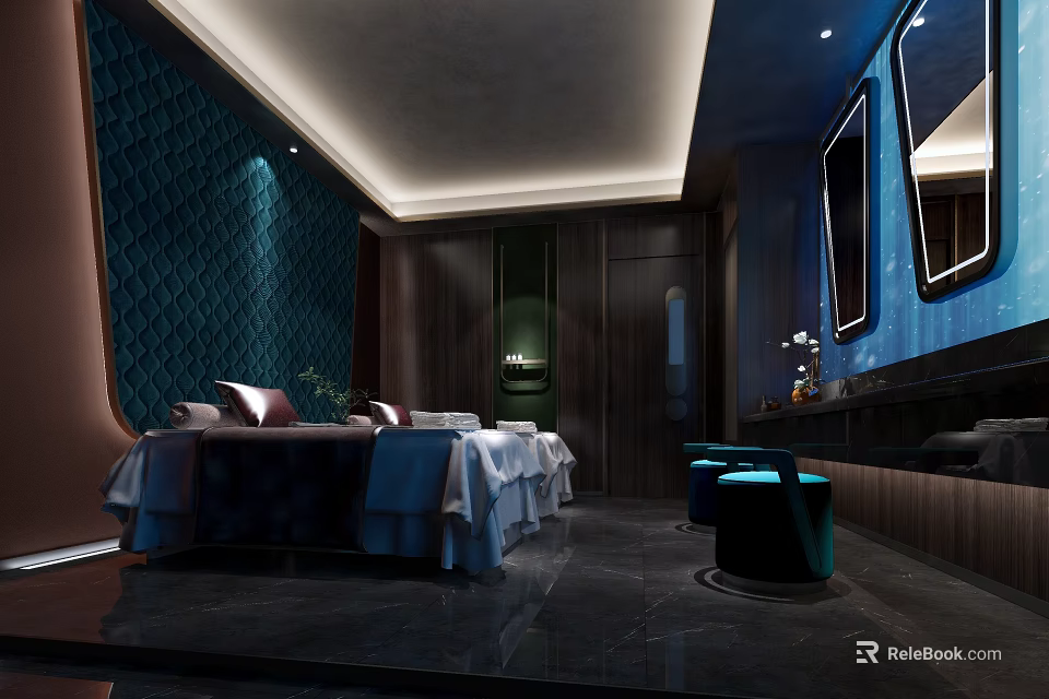 Luxurious SPA Sauna Interior With Massage Beds Blue Quilted Walls And Ambient Lighting 3d model 