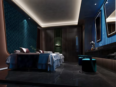 Luxurious SPA Sauna Interior With Massage Beds Blue Quilted Walls And Ambient Lighting 3d model