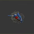 Blue White Red Armored Game Movie Robot Character Golden Details Holding Gun On Stone Base