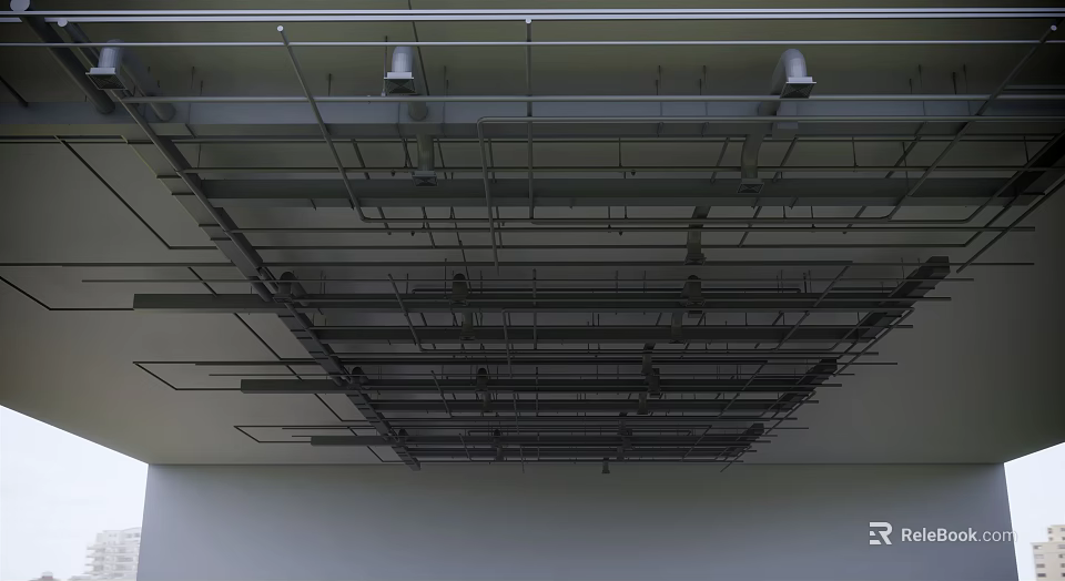 Industrial Ceiling Structure with Metal Frames Beams and Lighting Fixtures 3d model 