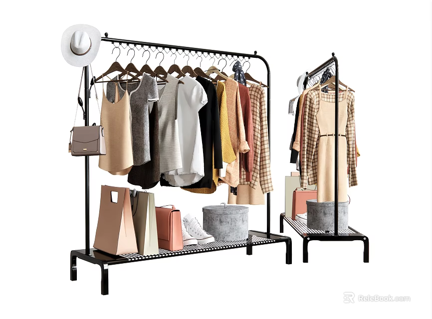 Stylish Clothes On Black Metal Rack With Shopping Bags Handbag And Hat 3d model 