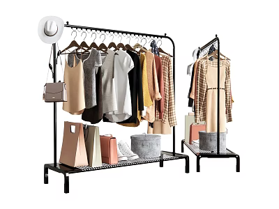 Stylish Clothes On Black Metal Rack With Shopping Bags Handbag And Hat 3d model