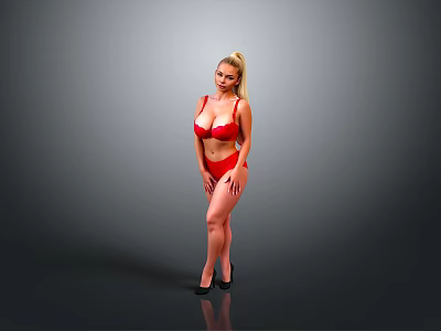 Blonde Woman in Red Lingerie Standing Against Gray Background with High Heels 3d model