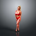 Blonde Woman in Red Lingerie Standing Against Gray Background with High Heels
