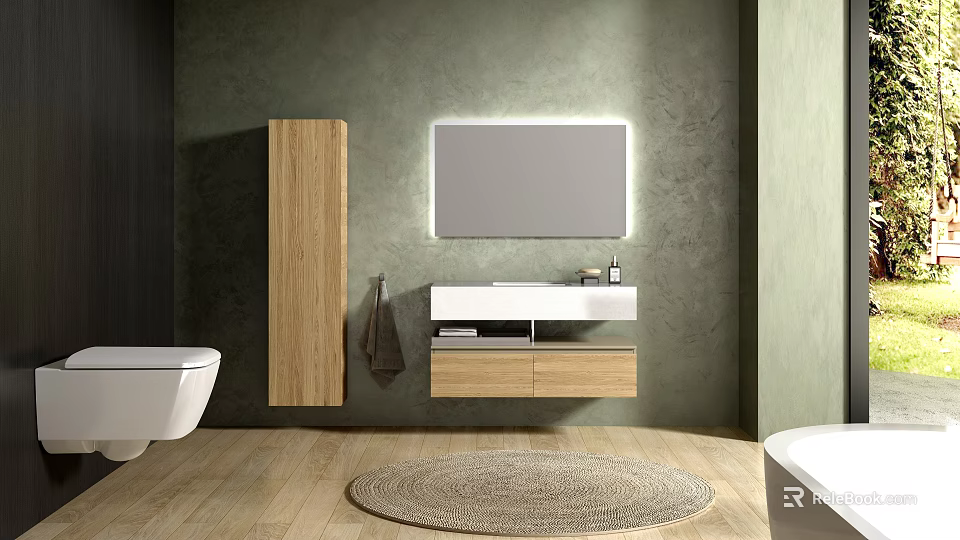 Modern Bathroom Vanity With Lighted Mirror Wooden Cabinet And Green Wall Design 3d model 