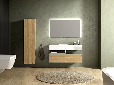 Modern Bathroom Vanity With Lighted Mirror Wooden Cabinet And Green Wall Design 3d model