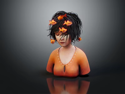 3D Female Character With Small Orange Fish On Black Hair And Orange Skin 3d model