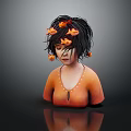 3D Female Character With Small Orange Fish On Black Hair And Orange Skin