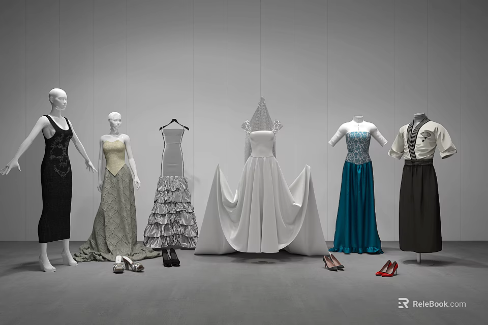 Fashion Mannequins Display Various Dresses Clothing And High Heeled Shoes In Exhibition Setting 3d model 