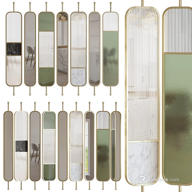Modern Room Divider Design With Glass Panels Metal Frames And Green White Accents 3d model 