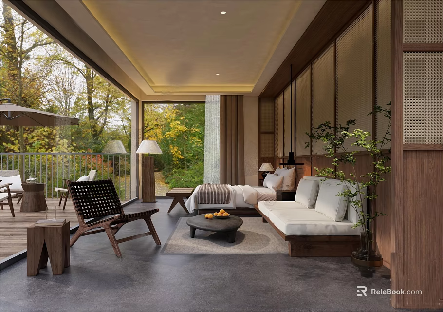 Hotel Guest Room Modern Design With Natural Scenery And Comfortable Wooden Furniture 3d model 