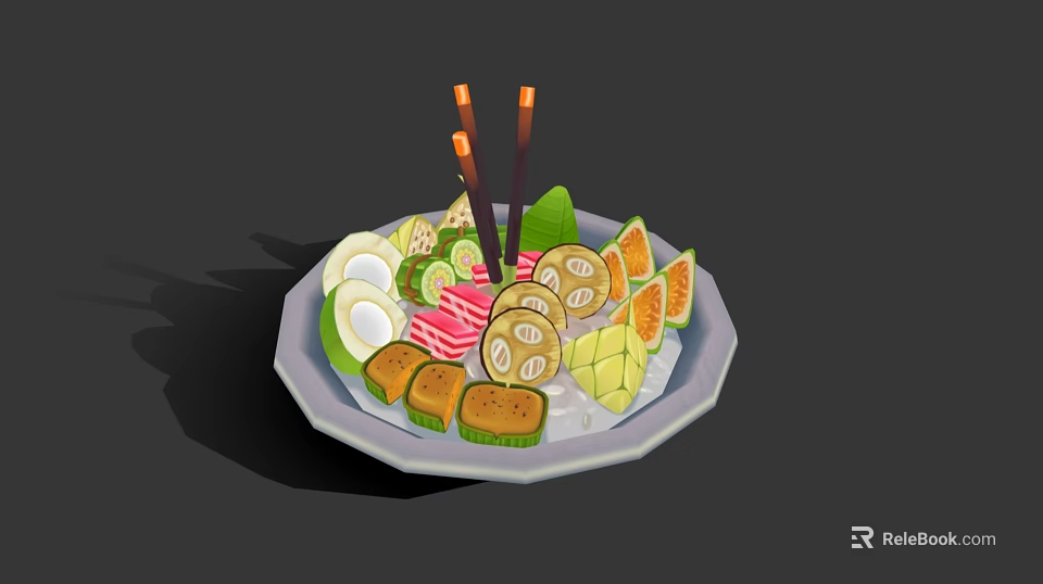 Assorted Food Platter Featuring Sliced Mango Sushi Rolls Boiled Eggs Green Veggies Chopsticks On Ice 3d model 