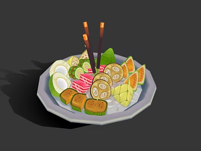 Assorted Food Platter Featuring Sliced Mango Sushi Rolls Boiled Eggs Green Veggies Chopsticks On Ice 3d model
