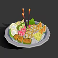 Assorted Food Platter Featuring Sliced Mango Sushi Rolls Boiled Eggs Green Veggies Chopsticks On Ice