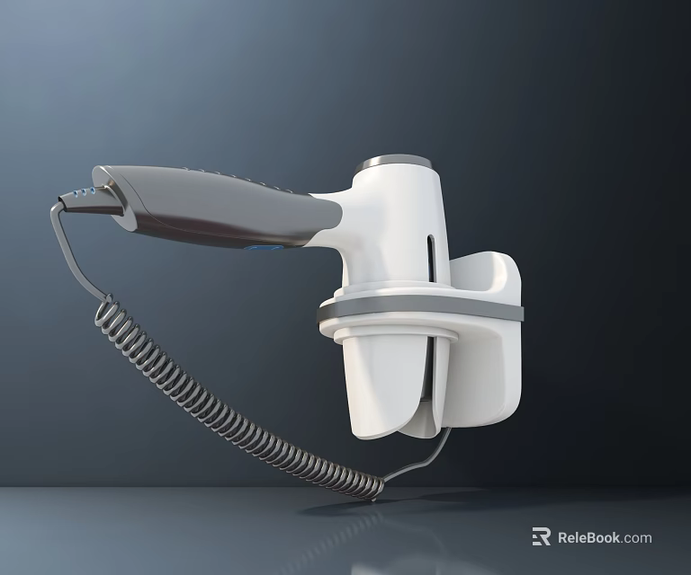 Handheld White And Gray Hair Dryer With Coiled Cord And Stand For Daily Use 3d model 