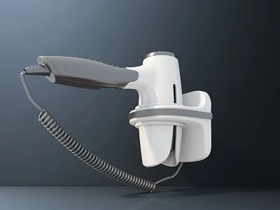 Handheld White And Gray Hair Dryer With Coiled Cord And Stand For Daily Use 3d model