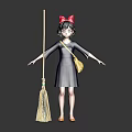 Adorable Girl Doll Wearing Dark Blue Dress With Red Bow And Yellow Bag Near Broom