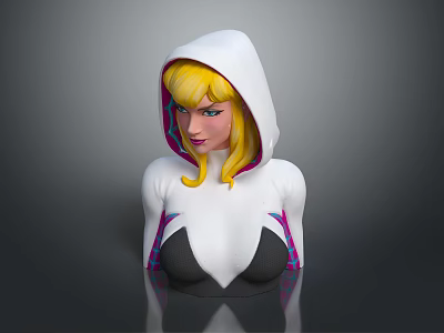 Blonde Female Character Wearing White Hood And Spider Pattern Bodysuit Against Gray Background 3d model