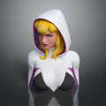 Blonde Female Character Wearing White Hood And Spider Pattern Bodysuit Against Gray Background
