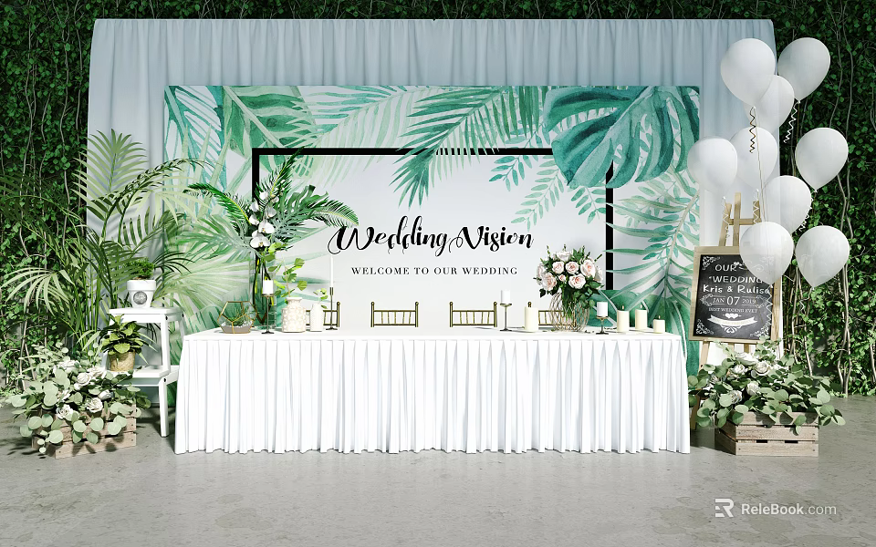 Wedding Mission Sign In Table With Tropical Green Leaf Backdrop And White Balloons 3d model 