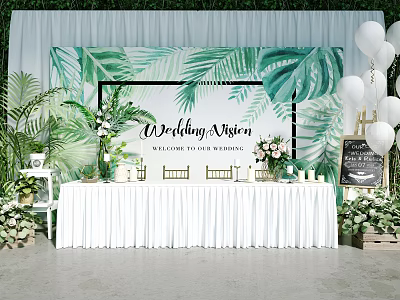 Wedding Mission Sign In Table With Tropical Green Leaf Backdrop And White Balloons 3d model