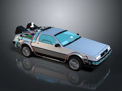 Classic DeLorean Car Featuring Silver Body Gull Wing Doors Rooftop Flux Capacitor And Red Accents 3d model