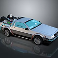 Classic DeLorean Car Featuring Silver Body Gull Wing Doors Rooftop Flux Capacitor And Red Accents