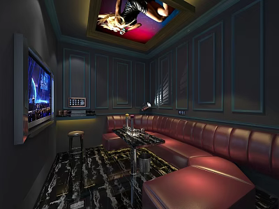 KTV Interior Design with Red Leather Sofas Large Screen TV and Ceiling Artwork 3d model