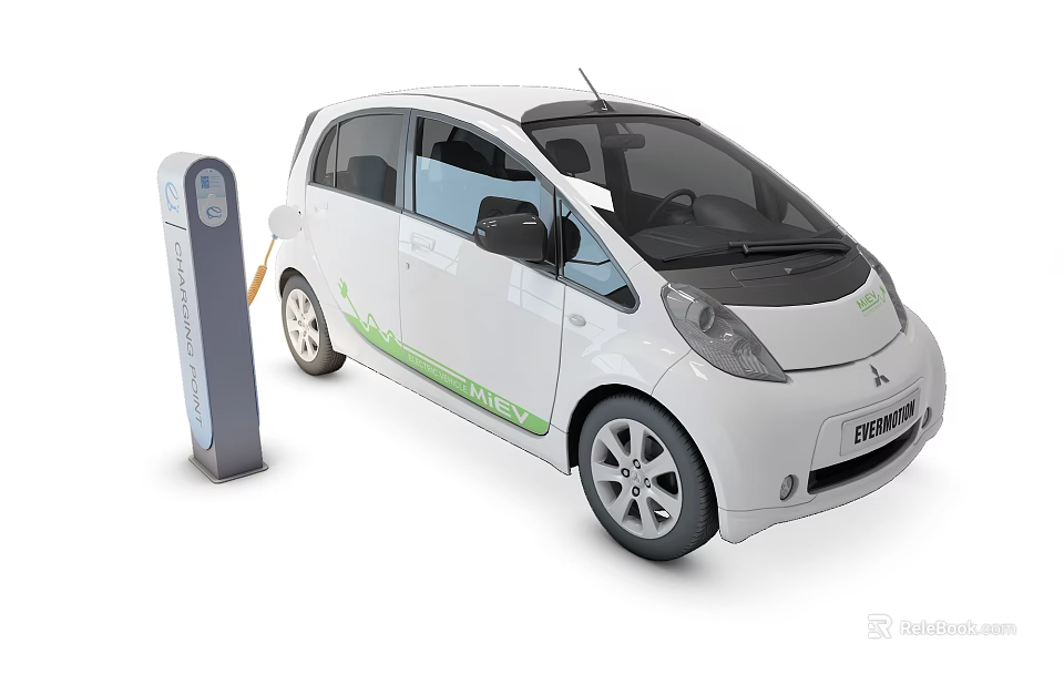 White Electric Car Being Charged at Charging Station with Green Accents 3d model 