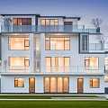Modern Detached Villa Exterior Design With Large Windows Balcony And Green Lawn