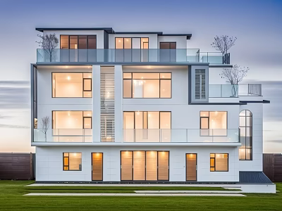 Modern Detached Villa Exterior Design With Large Windows Balcony And Green Lawn 3d model