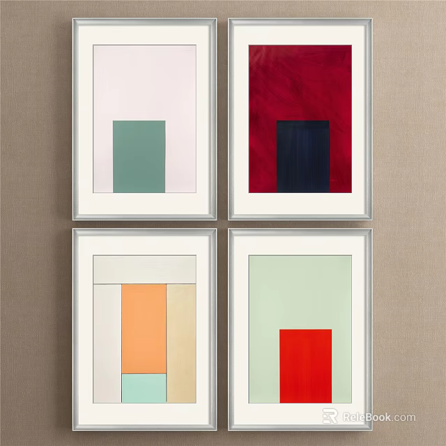 Four Framed Decorative Paintings With Geometric Shapes And Various Colors On Beige Wall 3d model 