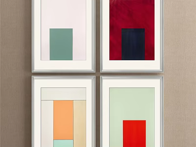 Four Framed Decorative Paintings With Geometric Shapes And Various Colors On Beige Wall 3d model