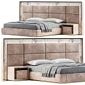 Modern Tufted Double Bed With Upholstered Headboard And Wooden Nightstand