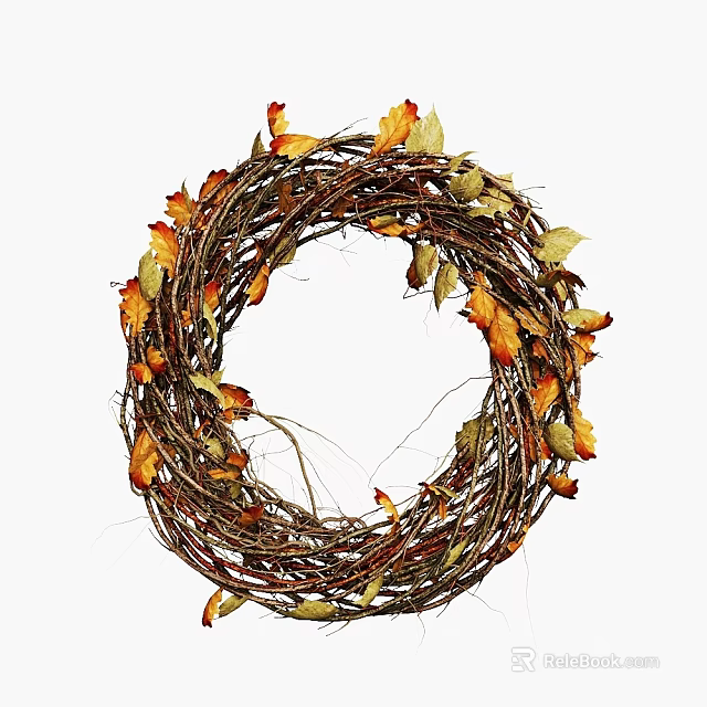 Natural Decorative Wreath Made With Vine And Orange Yellow Leaves 3d model 