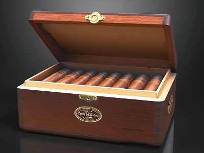Open Luxury Wooden Cigar Box With Cigars Gold Accents And Selection Label 3d model