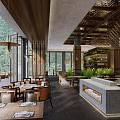 Rustic Wooden Restaurant Interior With Hanging Chandeliers Dining Tables And Natural Views