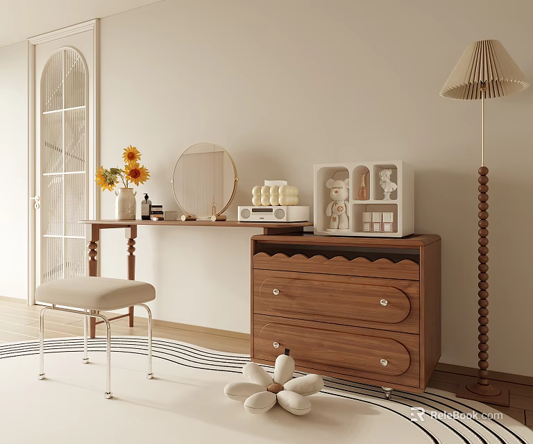 Stylish Wooden Dressing Table with Round Mirror Stool Vase Flowers and Decorative Figurines 3d model 
