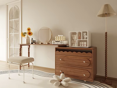 Stylish Wooden Dressing Table with Round Mirror Stool Vase Flowers and Decorative Figurines 3d model