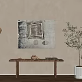 Wooden Bench with Textured Wall Abstract Painting Pendant Light and Small Potted Olive Tree