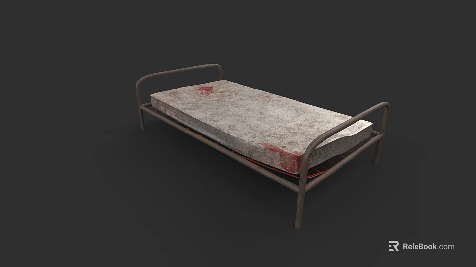 Single Bed with Metal Frame and Red Stained Mattress Surface 3d model 