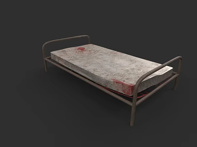 Single Bed with Metal Frame and Red Stained Mattress Surface 3d model