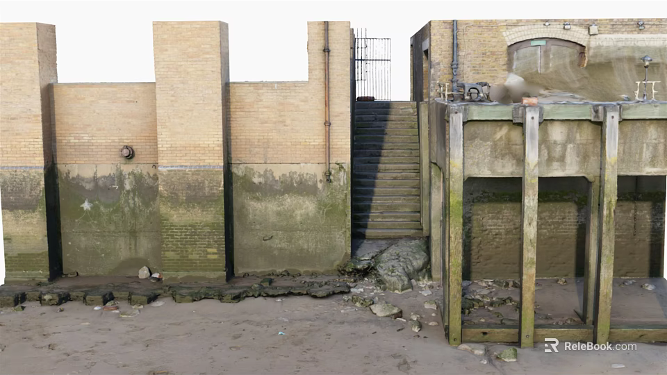 Brick Wall Structure With Stairs Wooden Platform Sandy Ground And Rocks 3d model 