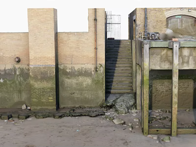 Brick Wall Structure With Stairs Wooden Platform Sandy Ground And Rocks 3d model