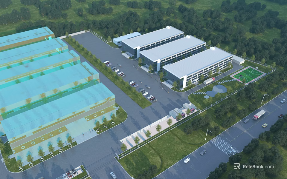 Modern Industrial Factory Complex With Multiple Warehouse Buildings Parking Area And Green Landscaping 3d model 
