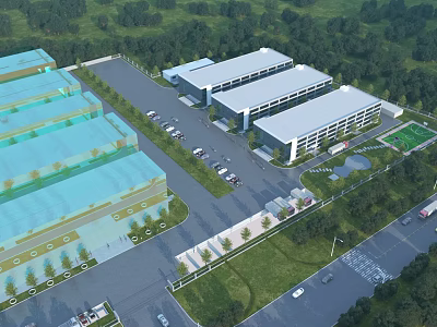 Modern Industrial Factory Complex With Multiple Warehouse Buildings Parking Area And Green Landscaping 3d model